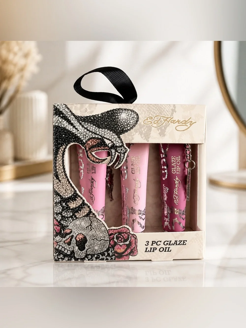 Ed Hardy 3 Pc Glaze Lip Oil Set Pink Lip Oils New